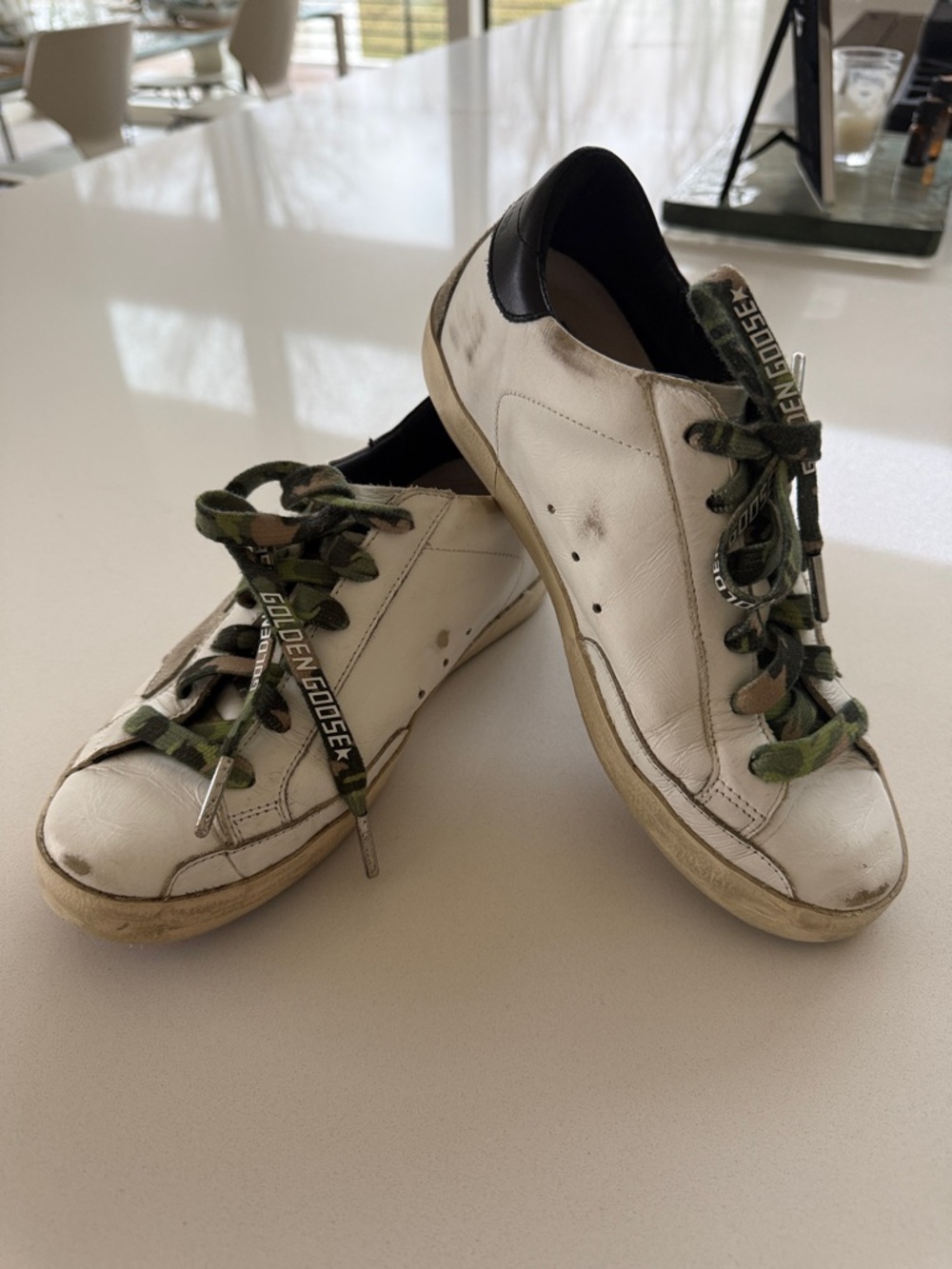 Golden Goose White Leather Sneakers with Green Camo Laces and Black Heel